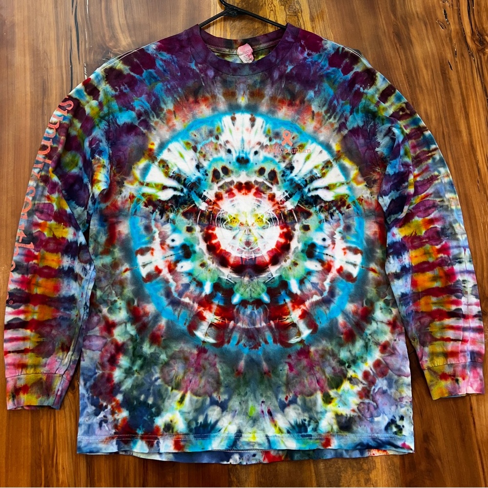 Upcycled Simply Southern long sleeve t-shirt ice dye mandala front, scrunch back